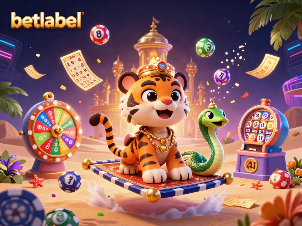 Engage with betlabel's colorful casino adventure featuring a tiger sultan on a flying carpet.