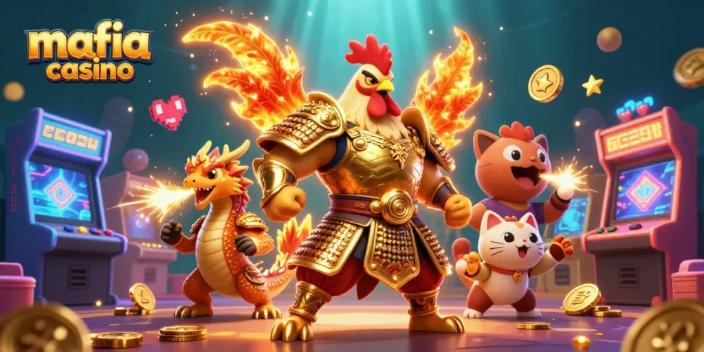 Mafia casino vibrant 3D illustration featuring a golden armored rooster warrior with a dragon, surrounded by colorful gaming elements.