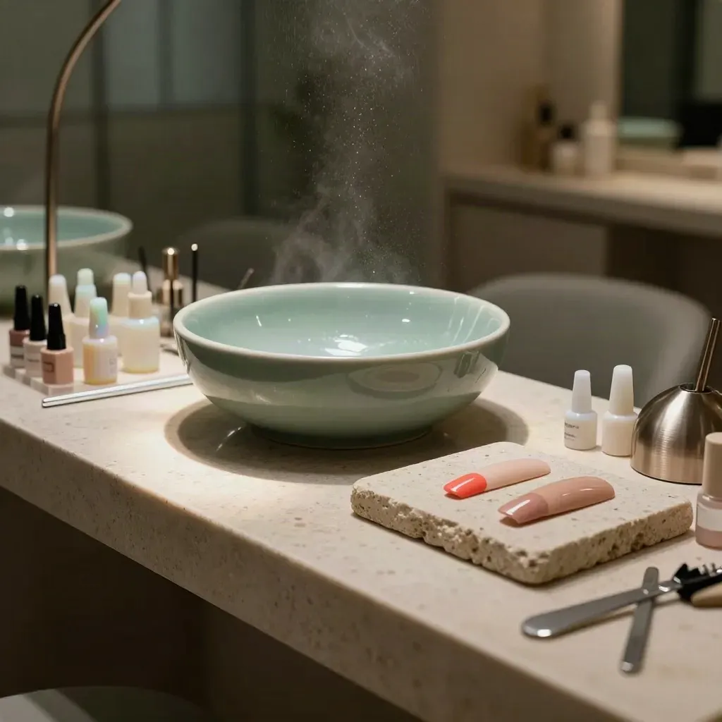 Stazione manicure di lusso in pietra chiara, flaconi opalini e gel nude sotto luce cinematografica