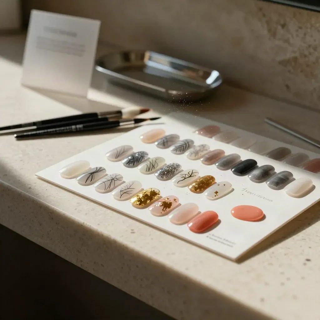 Tavolozza nail art con tip decorate, glitter e foil su travertino, vista diagonale dall’alto