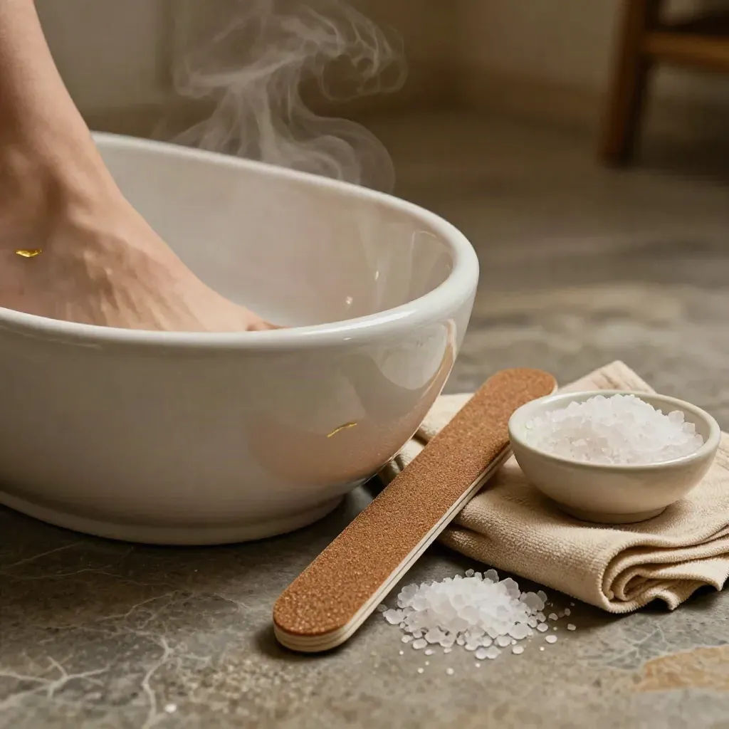 Vasca pedicure in ceramica, lima calli, sale esfoliante e swatch corallo su lino, con vapore caldo.