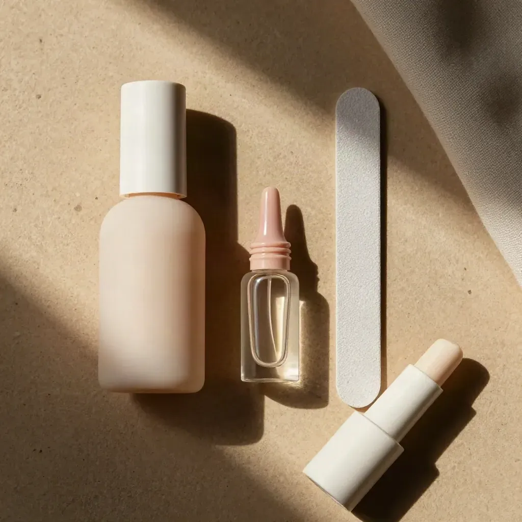 Kit rinforzante con base rubber, flaconi, lima di vetro e tip liscia su fondo naturale.