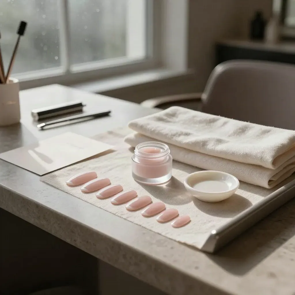 Set manicure sposa con French rosa, gel e perle su vassoio in lino, davanti a finestra velata.