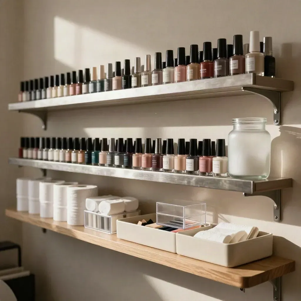 Scaffale ordinato con smalti, cotton fioc e buffer in un salone nail luminoso.