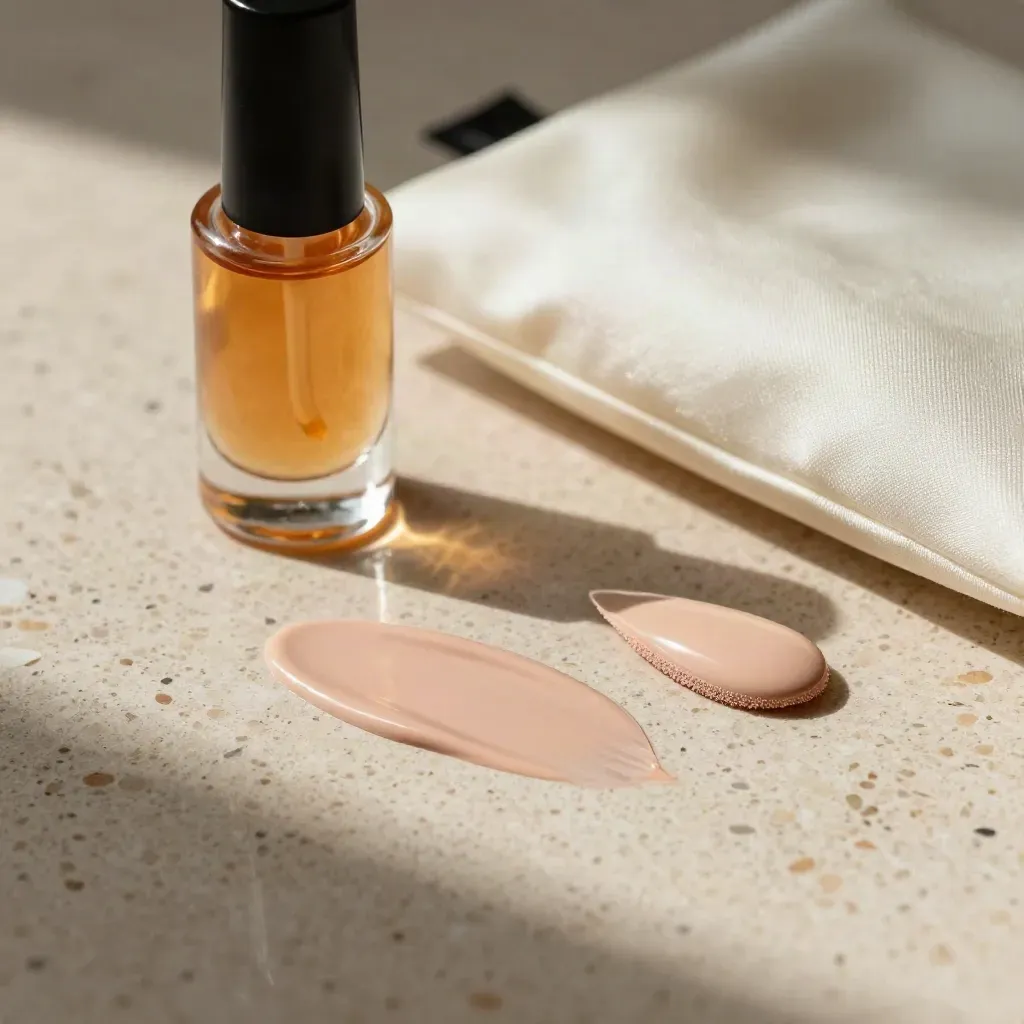 Tip nude ovali con buffer, olio cuticole e pochette satinata su travertino.