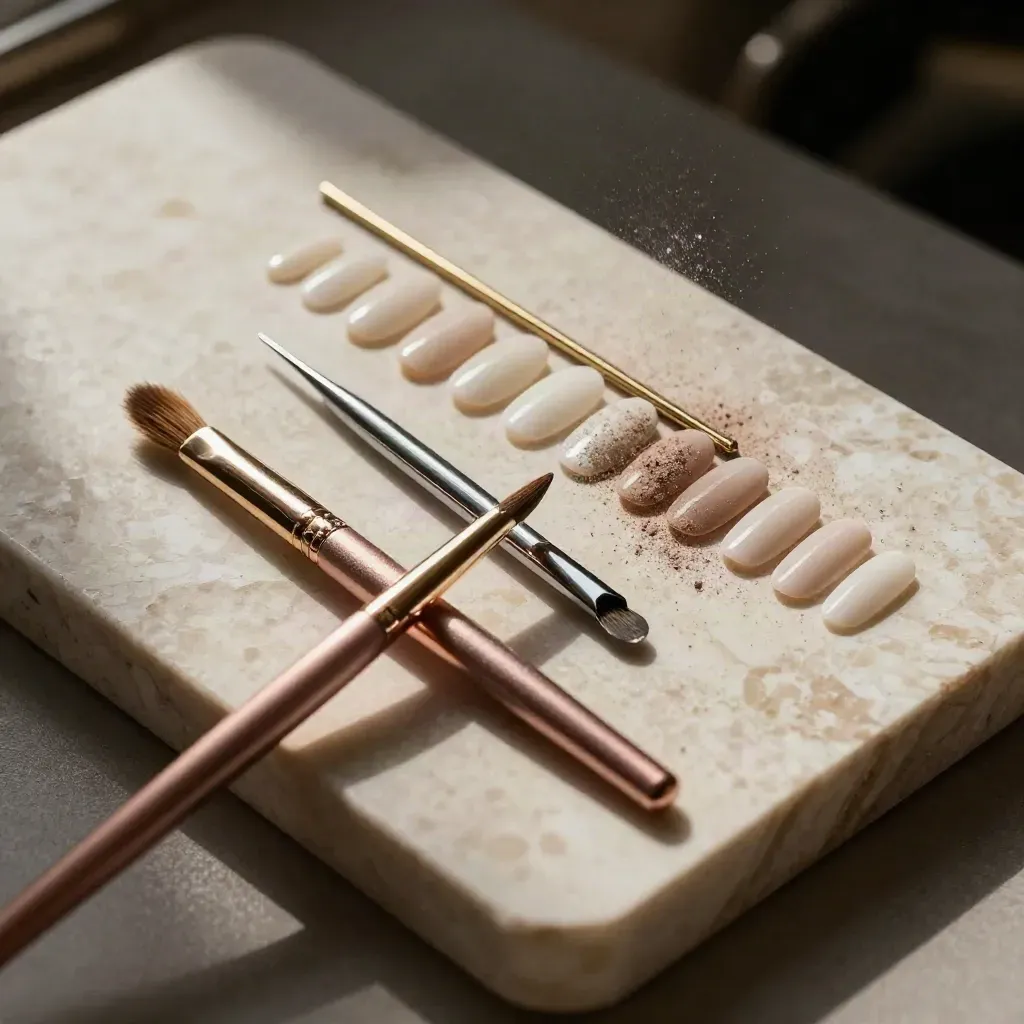 Pennello oro rosa, dotting tool e tip nude su palette in pietra travertino, macro ravvicinato.