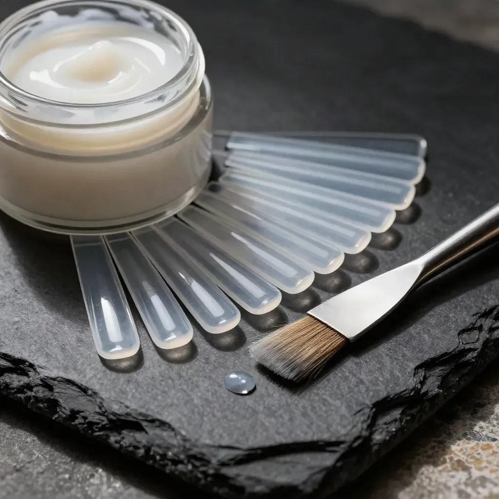 Barattolo di builder gel con formine e spatola su ardesia scura, luce drammatica.