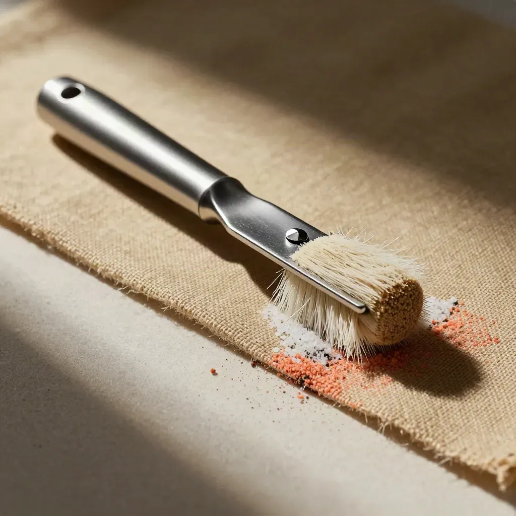 Raspa pedicure, pietra pomice, pennello e sale marino su lino, luce radente e polvere minerale.