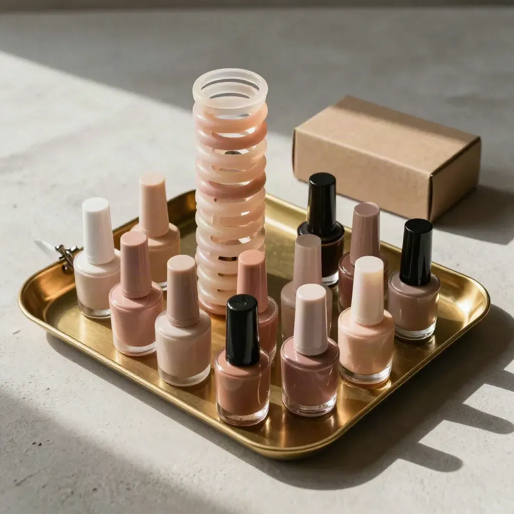Set manicure in ordine con anelli campione, flaconi smalto e vassoio in ottone su intonaco chiaro.