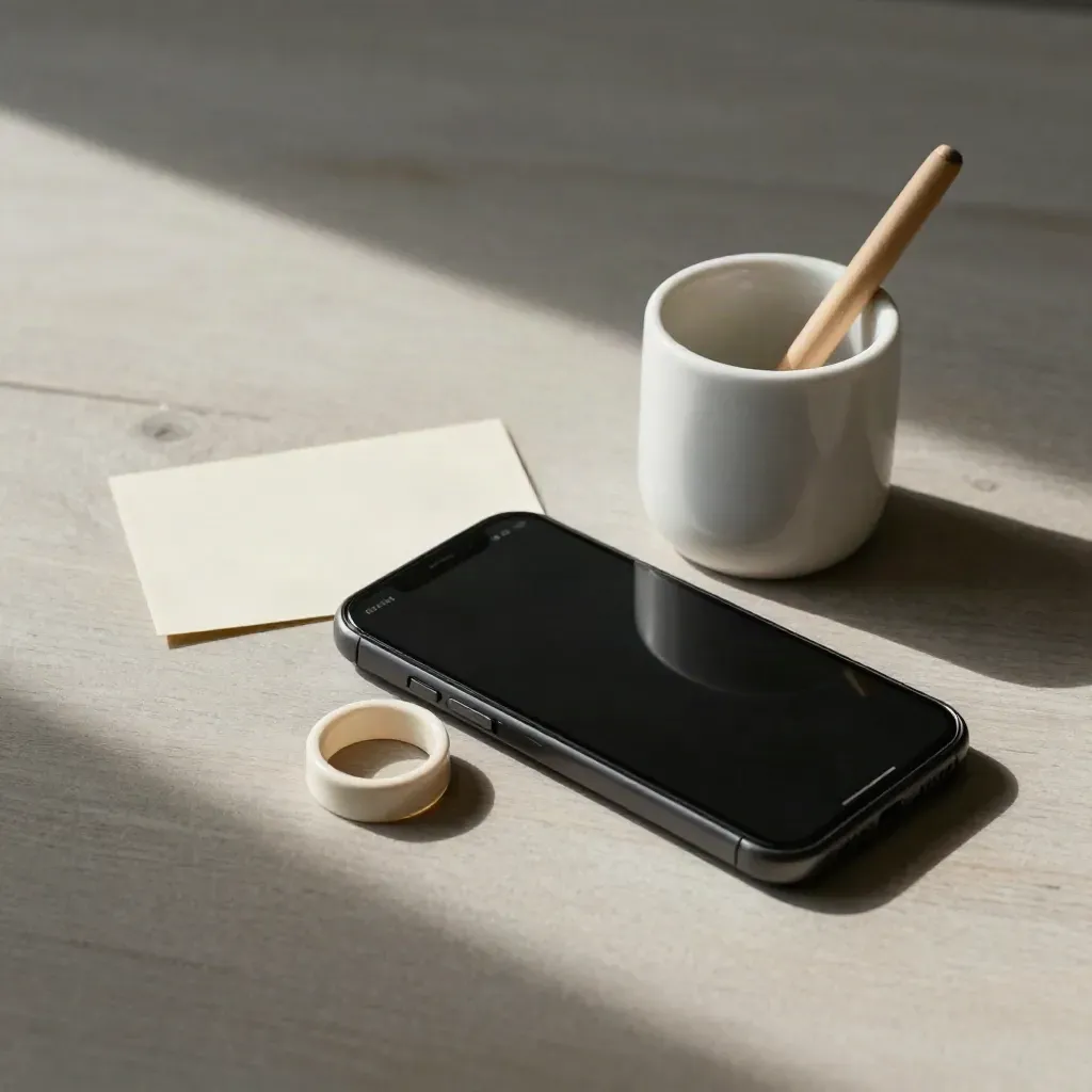 Smartphone scuro, anello di swatch e portapenna in ceramica su legno chiaro, con card iniziale.