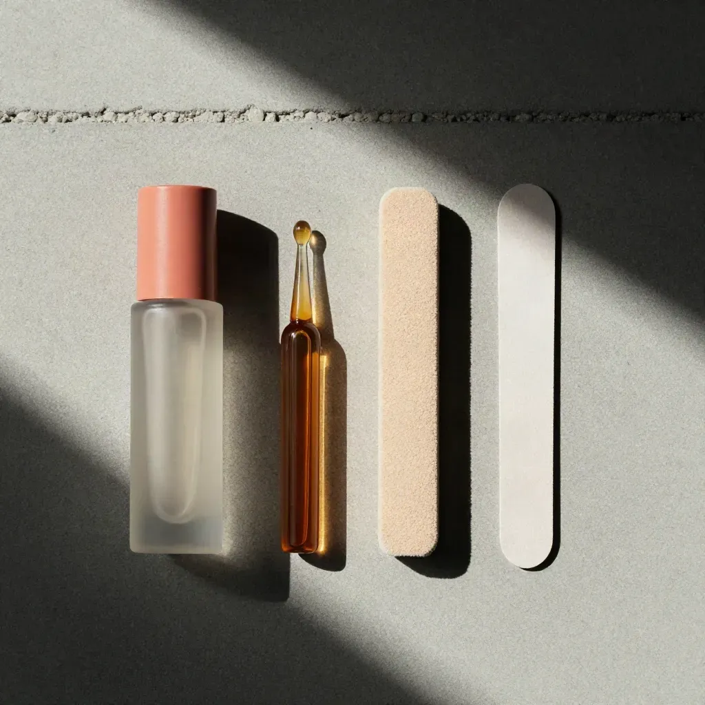 Flat lay dall’alto con top coat, olio cuticole, buffer e lima su cemento grigio.
