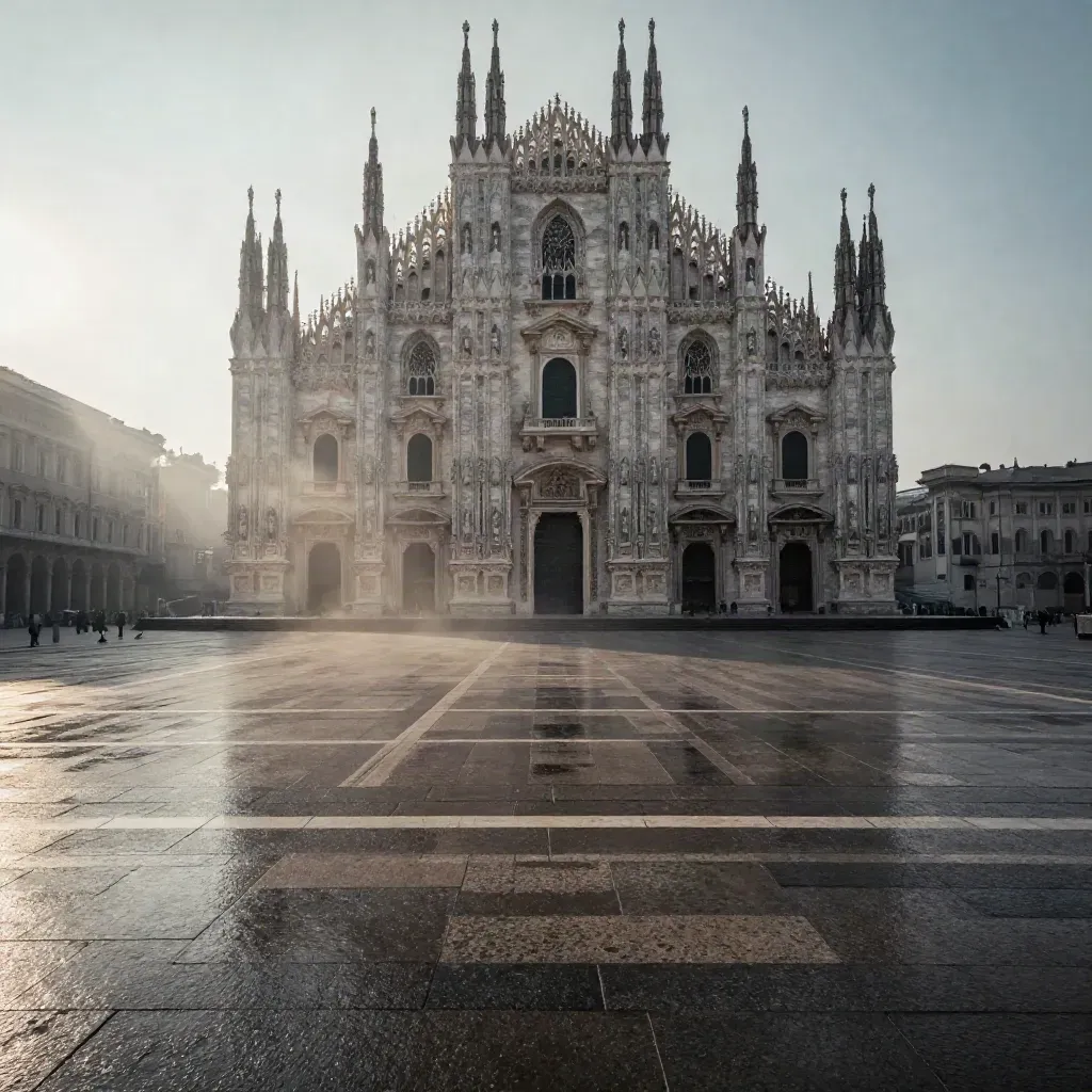 Duomo di Milano sopra piazza bagnata e avvolta nella nebbia, luce dorata mattutina
