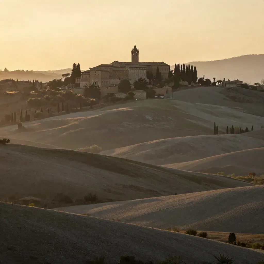 Veduta ampia di Bologna con San Luca alto e colline velate di foschia serale.