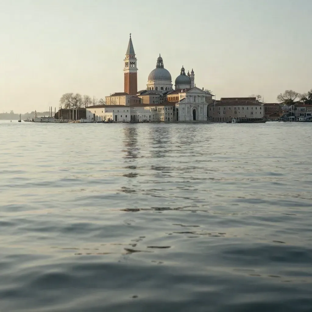 Laguna veneziana con cupole e campanili che emergono dalla nebbia sopra acqua immobile